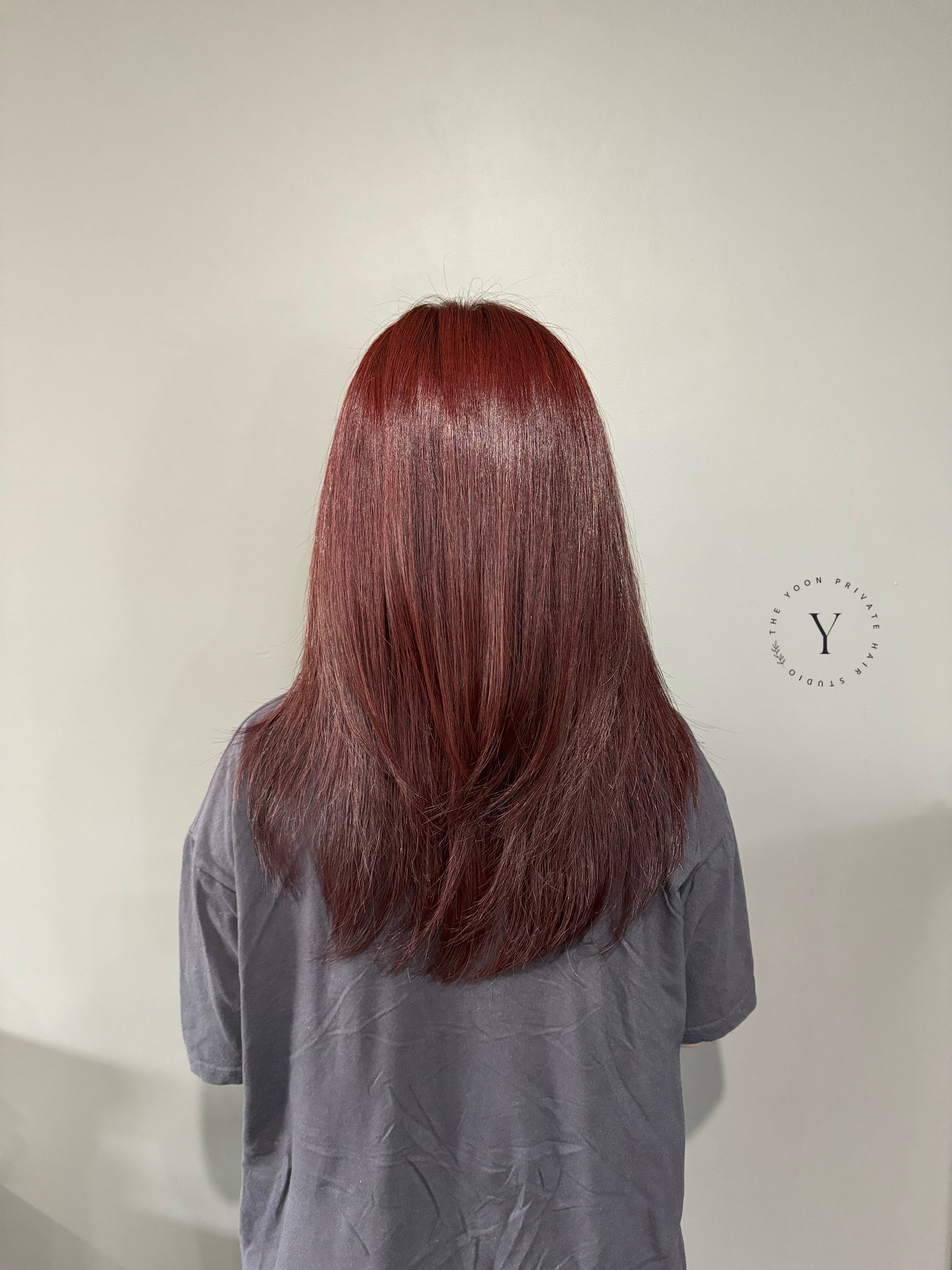 Deep burgundy red colour on long, sleek straight hair, seen from behind